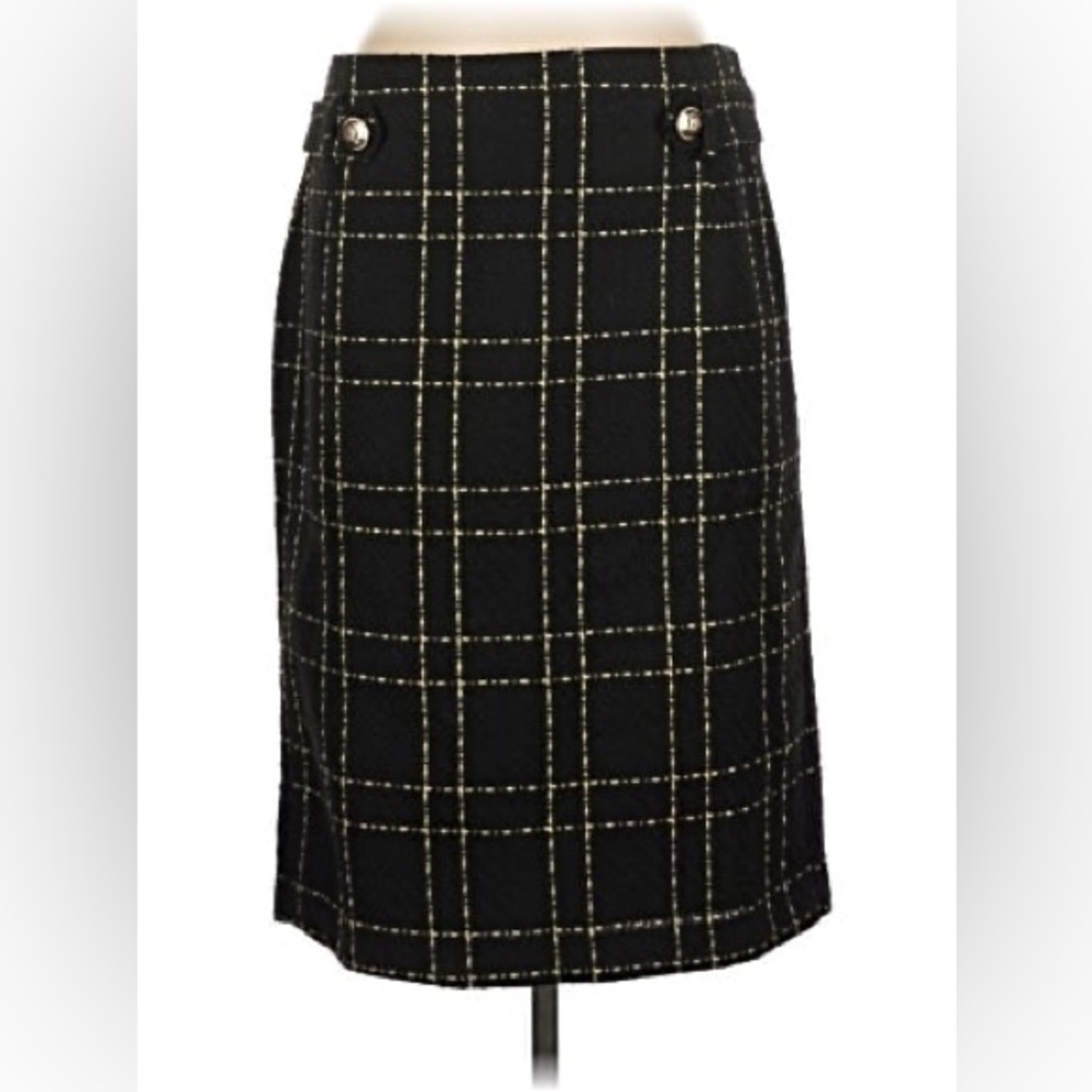 Ann Taylor Black Plaid Pencil Skirt with Gold Thread